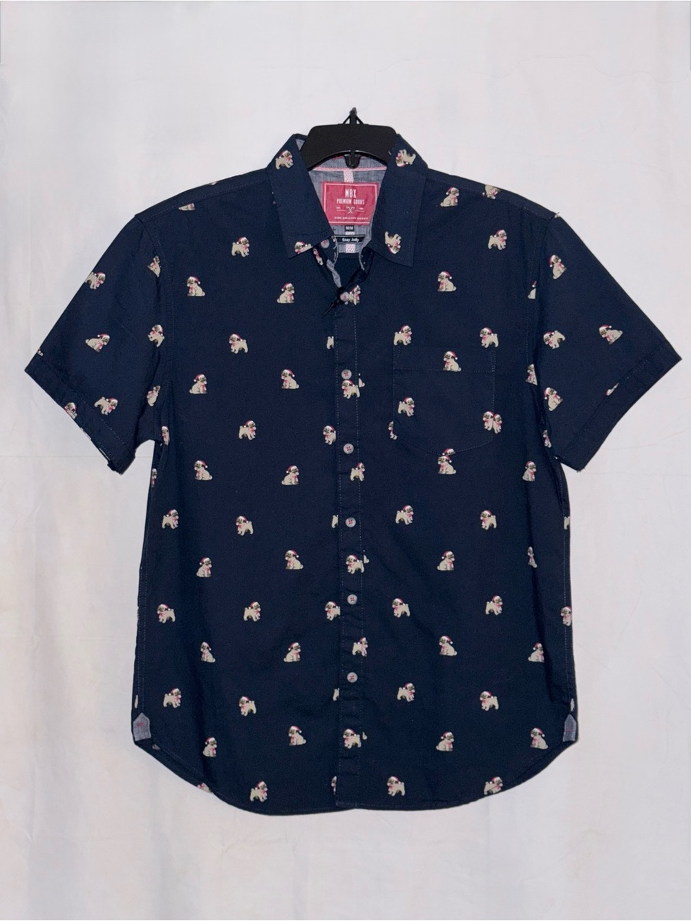 NWT Mbx Premium Goods Short Sleeve Navy Shirt with Pug Micro Print Size Medium